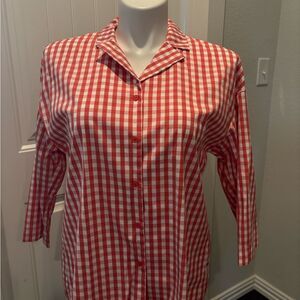 Lafayette 148 New York Coral and White Gingham 3/4 Sleeve Blouse